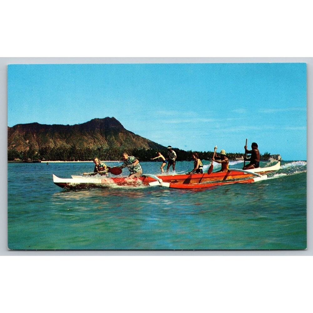 Vintage Hawaii Postcard Surfing Action Waikiki Diamond Head Pan Am Plastichrome